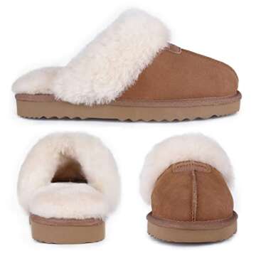 FUZZYFOAMS Genuine Australian Sheepskin Women Slippers Memory Foam Shearling Slipper Water Resistant Warm and Fluffy Indoor Outdoor House Shoes U822YMBT901.SY-Dark Chesnut-39