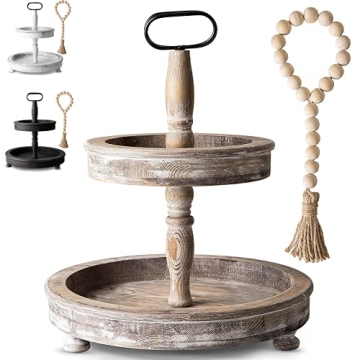 Love At Home Distressed Wood 2 Tiered Tray Decor (15 x 15 x 18.5 Inches) Includes Decorative Wood Be...