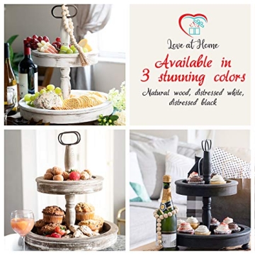 Love At Home Distressed Wood 2 Tiered Tray Decor (15 x 15 x 18.5 Inches) Includes Decorative Wood Bead Garland - Unique Kitchen Farmhouse Table Decor Tiered Serving Stand (Natural Wood)