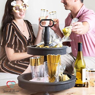 Love At Home Distressed Wood 2 Tiered Tray Decor (15 x 15 x 18.5 Inches) Includes Decorative Wood Bead Garland - Unique Kitchen Farmhouse Table Decor Tiered Serving Stand (Natural Wood)