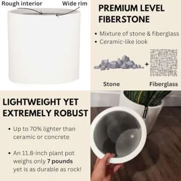 Fox & Fern Large 12 Inch Planter — Premium Lightweight Fiberstone Matte White Plant Pot w Drainage Plug; Large Indoor & Outdoor Floor Planter; 12 Inch Pots for Plants; Weather Resistant & UV Resistant