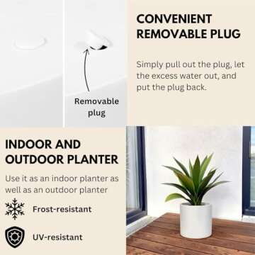 Fox & Fern Large 12 Inch Planter — Premium Lightweight Fiberstone Matte White Plant Pot w Drainage Plug; Large Indoor & Outdoor Floor Planter; 12 Inch Pots for Plants; Weather Resistant & UV Resistant