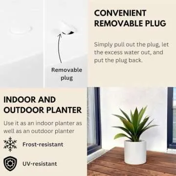 Fox & Fern Large 12 Inch Planter — Premium Lightweight Fiberstone Matte White Plant Pot w Drainage Plug; Large Indoor & Outdoor Floor Planter; 12 Inch Pots for Plants; Weather Resistant & UV Resistant