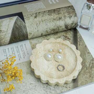 N NANSHOP Natural Small Travertine Scalloped Edge Tray, 6.3" Marble Ring Dish Jewelry Trinket Tray for Counter Dresser Nightstand, Home Decoration, Women's Present (NS023)