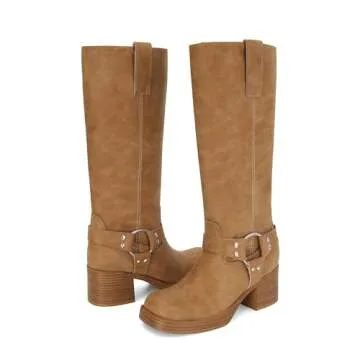 XBKXMK Women's Knee High Riding Boots Round Toe Block Heel Fashion Motorcycle Booties Side Zipper Wi...