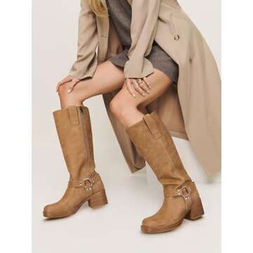 XBKXMK Women's Knee High Riding Boots Round Toe Block Heel Fashion Motorcycle Booties Side Zipper Wide Calf Biker Riding Boots with Studs Camel