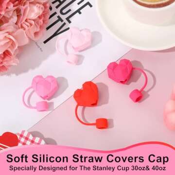 Whaline 4Pcs Valentine's Day Straw Cover Cap Diamond Love Heart Reusable Silicone Straw Topper Red Pink 10Mm/0.4Inch Straw Tip Lid Protector For 30/40Oz Tumbler Cup Accessories