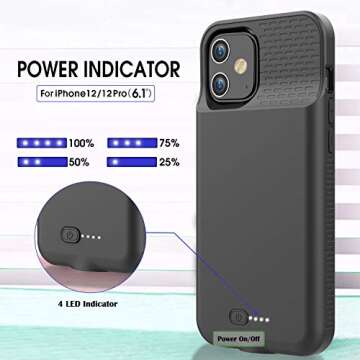 GIN FOXI Battery Case for iPhone 12/12Pro, Real 7000mAh Ultra-Slim Battery Charging Case Rechargeable Anti-Fall Protection Extended Charger Cover for iPhone 12Pro Max/12/12 Pro Battery Case Black