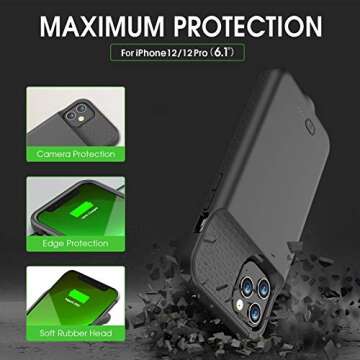 GIN FOXI Battery Case for iPhone 12/12Pro, Real 7000mAh Ultra-Slim Battery Charging Case Rechargeable Anti-Fall Protection Extended Charger Cover for iPhone 12Pro Max/12/12 Pro Battery Case Black