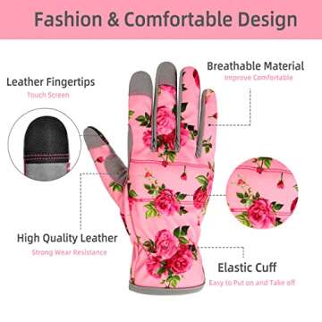 YRTSH Leather Gardening Gloves for Women, Flexible Breathable Garden Gloves,Thorn Proof Working Glov...