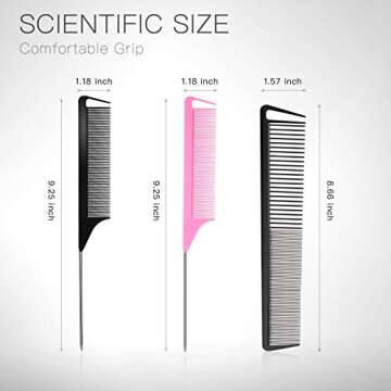 3 Pieces Rat Tail Comb Carbon Fiber Teasing Combs Parting Braids Comb Stainless Steel Pintail Comb Barber Styling Combs for Women Men Fine Teeth Salon Hairdressing Hair Care Tools