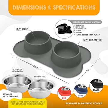 Large Dog Bowls & Mat Set - No Spill, 54oz Capacity