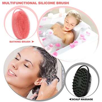 2 Pack Silicone Body Scrubber, Silicone Loofah Double-Sided Body Brush,Silicone Shower Scrubber and Scalp Massager Shampoo Brush for Sensitive Kids Women Men All Kinds of Skin (Black & Pink)
