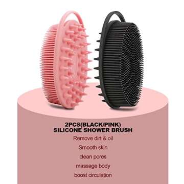 2 Pack Silicone Body Scrubber, Silicone Loofah Double-Sided Body Brush,Silicone Shower Scrubber and Scalp Massager Shampoo Brush for Sensitive Kids Women Men All Kinds of Skin (Black & Pink)