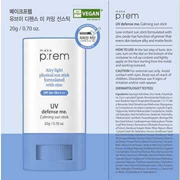 MAKEPREM UVA UVB Defense Me Calming Sun Stick Sunblock SPF 50+ PA++++ 0.7 Oz VEGAN Sensitive Oily Acne-Prone Skin Reef-Safe Mineral Sunscreen Non-Nano No Chemical UV Protection Non-Greasy Sticky Kids