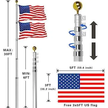 VAIIGO 30FT Telescoping Flag Pole Kit, Heavy Duty Aluminum Flag Pole Fly 2 Flags, with 3 x 5 American Flag, Golden Top Ball and Clips Inground Flag Pole for Outdoor, Commercial, Residential Use