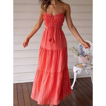 Women Y2k Bodycon Long Dress Spaghetti Strap Cutout Maxi Dress Sexy Backless Dress Clubwear Red M