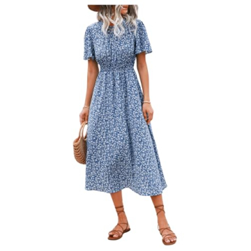Floerns Women's Casual Floral Print Crewneck Short Sleeve A Line Boho Maxi Dress B-Blue Floral S