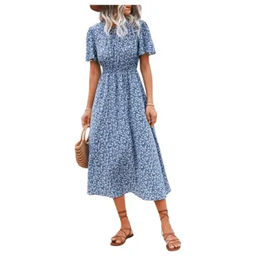 Floerns Women's Casual Floral Print Crewneck Short Sleeve A Line Boho Maxi Dress B-Blue Floral S