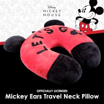Disney Mickey Mouse Travel Pillow 'Let's Go' Portable Neck Pillow, Black and Red