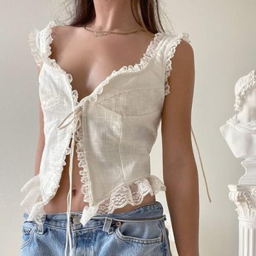 KMBANGI Halter Neck Crop Cami Top Knitted Printed Tank Tops Tee Y2k Sleeveless Strappy Summer Shirts Streetwear (Lace V White,S)