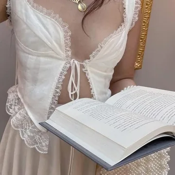 KMBANGI Halter Neck Crop Cami Top Knitted Printed Tank Tops Tee Y2k Sleeveless Strappy Summer Shirts Streetwear (Lace V White,S)