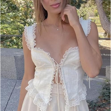 KMBANGI Halter Neck Crop Cami Top Knitted Printed Tank Tops Tee Y2k Sleeveless Strappy Summer Shirts Streetwear (Lace V White,S)