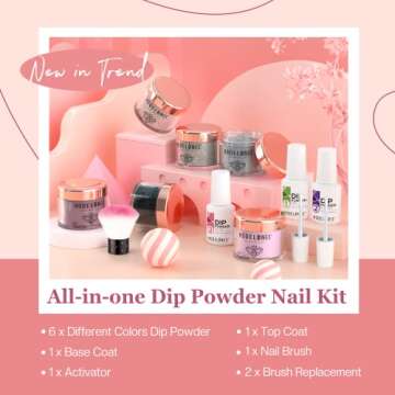 Modelones 6 Colors Dip Powder Nail Kit Starter, 12 Pcs Nude Pink Glitter Nail Dip Powder Kit System Essential Liquid Set with Base/Top Coat Activator for French Nail Art Manicure Beginner DIY Salon