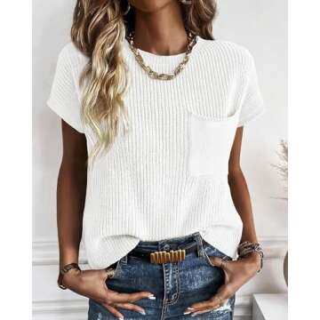 KIRUNDO Short Sleeve Sweater for Women 2025 Casual Sweater Vest Cotton Knit Pullover Tank Tops Trendy Spring Summer Outfits(White, Small)