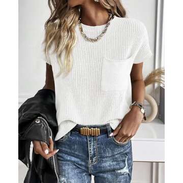 KIRUNDO Short Sleeve Sweater for Women 2025 Casual Sweater Vest Cotton Knit Pullover Tank Tops Trendy Spring Summer Outfits(White, Small)