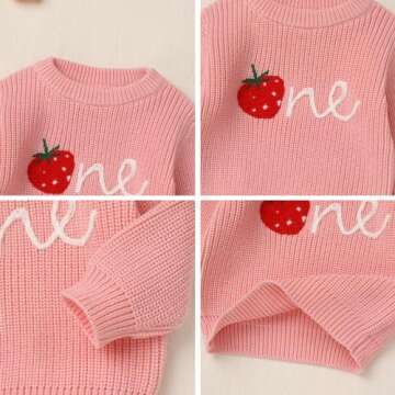 IMEKIS Winter Strawberry 1st Birthday Girl Outfit: Onederful First Birthday Outfit One Year Old Cake Smash Donut Baby Fall Sweater Top for Toddler Snowflake Photoshoot Long Sleeve Pink Berry One 1T