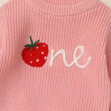 IMEKIS Winter Strawberry 1st Birthday Girl Outfit: Onederful First Birthday Outfit One Year Old Cake Smash Donut Baby Fall Sweater Top for Toddler Snowflake Photoshoot Long Sleeve Pink Berry One 1T