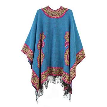 Urban CoCo Women's Fashionable Retro Style Vintage Pattern Tassel Poncho Shawl Cape (series 2-Blue)
