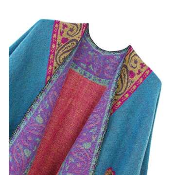 Urban CoCo Women's Fashionable Retro Style Vintage Pattern Tassel Poncho Shawl Cape (series 2-Blue)