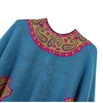 Urban CoCo Women's Fashionable Retro Style Vintage Pattern Tassel Poncho Shawl Cape (series 2-Blue)
