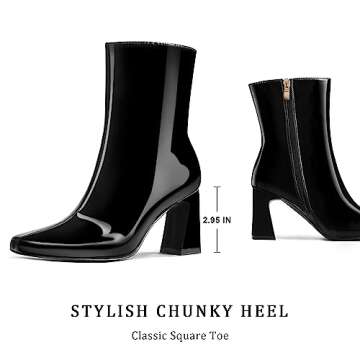 OHXZTX Women's Square Toe Ankle Boots Block Chunky High Heel Booties Patent Leather PU Booties Fashion Sexy Dress Side Zip High Heeled Short Boots Black Patent Leather PU Size US 9 CN42