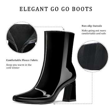 OHXZTX Women's Square Toe Ankle Boots Block Chunky High Heel Booties Patent Leather PU Booties Fashion Sexy Dress Side Zip High Heeled Short Boots Black Patent Leather PU Size US 9 CN42