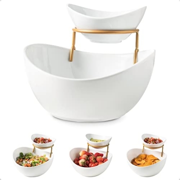 YHOSSEUN Chip and Dip Serving Set 2 Tiered Oval Dip Bowls with Metal Rack for Appetizer, Dessert, Fr...