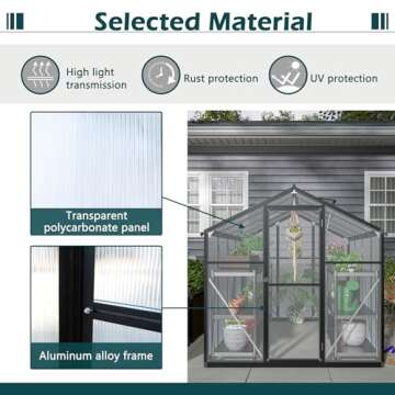 Thanaddo Polycarbonate Greenhouse 6'x8' Upgraded Heavy Duty Aluminum Walk-in Green House for Outdoor Garden with Base,Adjustment Roof Vent,Hinged Door,Rain Gutter,2 Gloves,Free Assembly Tools