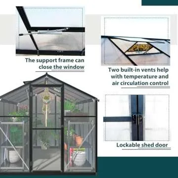 Thanaddo Polycarbonate Greenhouse 6'x8' Upgraded Heavy Duty Aluminum Walk-in Green House for Outdoor Garden with Base,Adjustment Roof Vent,Hinged Door,Rain Gutter,2 Gloves,Free Assembly Tools