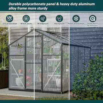 Thanaddo Polycarbonate Greenhouse 6'x8' Upgraded Heavy Duty Aluminum Walk-in Green House for Outdoor Garden with Base,Adjustment Roof Vent,Hinged Door,Rain Gutter,2 Gloves,Free Assembly Tools