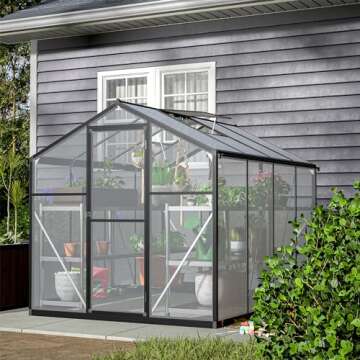 Thanaddo Polycarbonate Greenhouse 6'x8' Upgraded Heavy Duty Aluminum Walk-in Green House for Outdoor Garden with Base,Adjustment Roof Vent,Hinged Door,Rain Gutter,2 Gloves,Free Assembly Tools