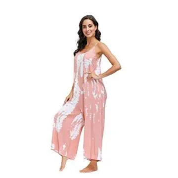 BUENOS NINOS Women's V Neck Floral Wide Leg Pants Boho Printed Adjustable Spaghetti Strappy Long Jumpsuit with Pockets Tie Dye Pink Jumpsuit S