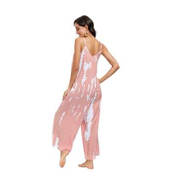 BUENOS NINOS Women's V Neck Floral Wide Leg Pants Boho Printed Adjustable Spaghetti Strappy Long Jumpsuit with Pockets Tie Dye Pink Jumpsuit S