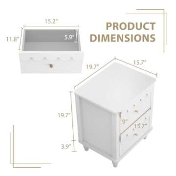 White Nightstand Set of 2 with 2 Drawers, Modern Night Stand Set 2 with Petal Pattern for Bedroom, Side End Table Scalloped Bedside Night Tables with Solid Wood Legs