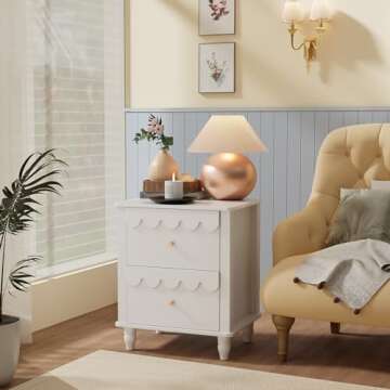 White Nightstand Set of 2 with 2 Drawers, Modern Night Stand Set 2 with Petal Pattern for Bedroom, Side End Table Scalloped Bedside Night Tables with Solid Wood Legs