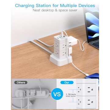 One Beat Tower Surge Protector Power Strip 10 ft,Long Flat Extension Cord with Multiple Outlets,8 AC...