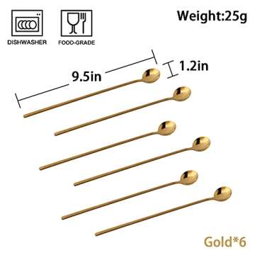 Sweejar 9.5-Inch Long Handle Ice Tea Spoons, Ice Cream Spoon, Coffee Spoon, 18/8 Stainless Steel Spoons for Cocktail Stirring, Mixing, Tea, Pack of 6 (Gold)