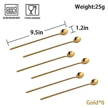 Sweejar 9.5-Inch Long Handle Ice Tea Spoons, Ice Cream Spoon, Coffee Spoon, 18/8 Stainless Steel Spoons for Cocktail Stirring, Mixing, Tea, Pack of 6 (Gold)