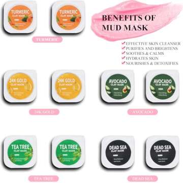 Aaenouicfs Clay Mask Set 20 Pods, Face Mask Skin Care, Green Tea, Turmeric, Dead Sea Mud, Rose, 24K ...